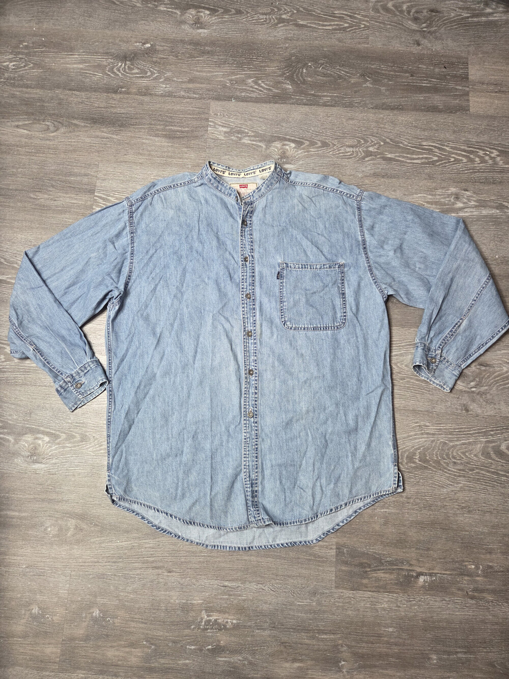 Vintage 90s Levis Band Collar Denim Shirt Mens L Light Wash Red Tab